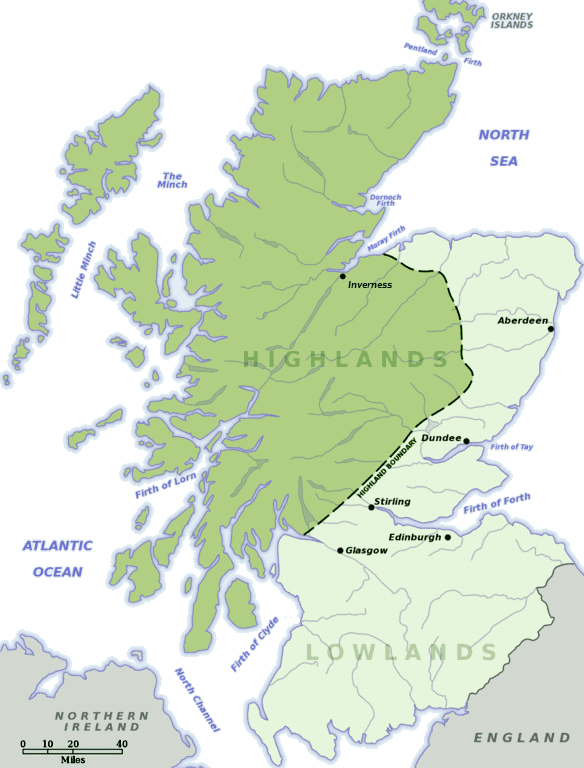 The Lowland-Highland divide in Scotland.