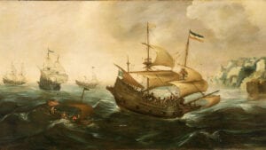 Dutch Ships Sail Off a Rocky Shore