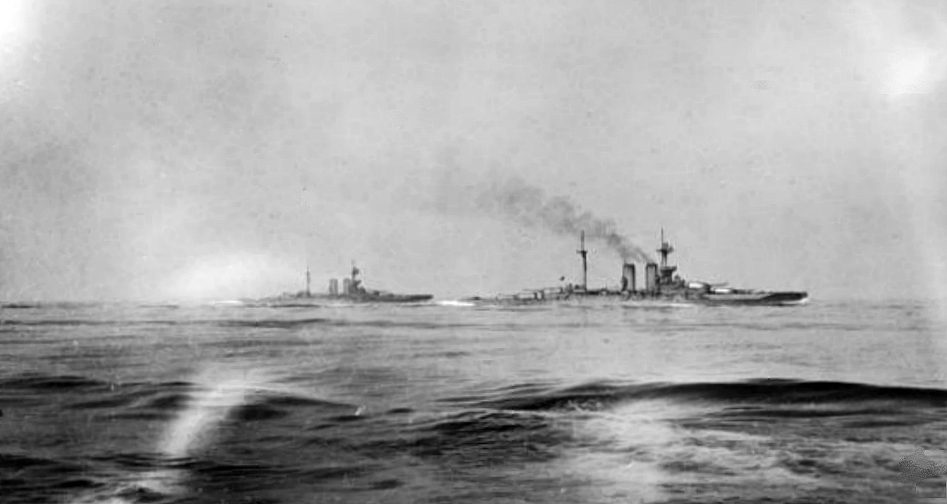 HMS Warspite and Malaya seen from HMS Valiant at 14:00 hrs on 31 May 1916 during the battle of Jutland.