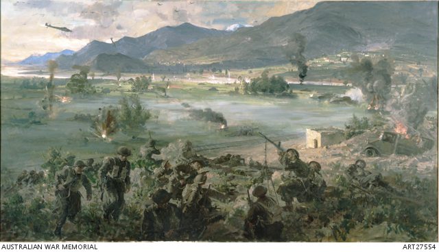 Action in the Vale of Tempe, Greece. Painting by William Dargie of the fighting at Pinios Gorge. AWM