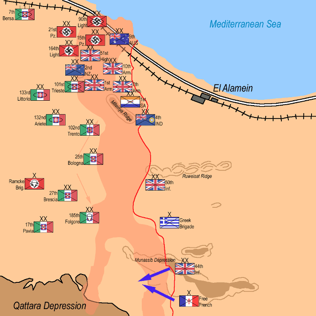 The starting positions of the Allied forces at the second battle of El Alamein.
