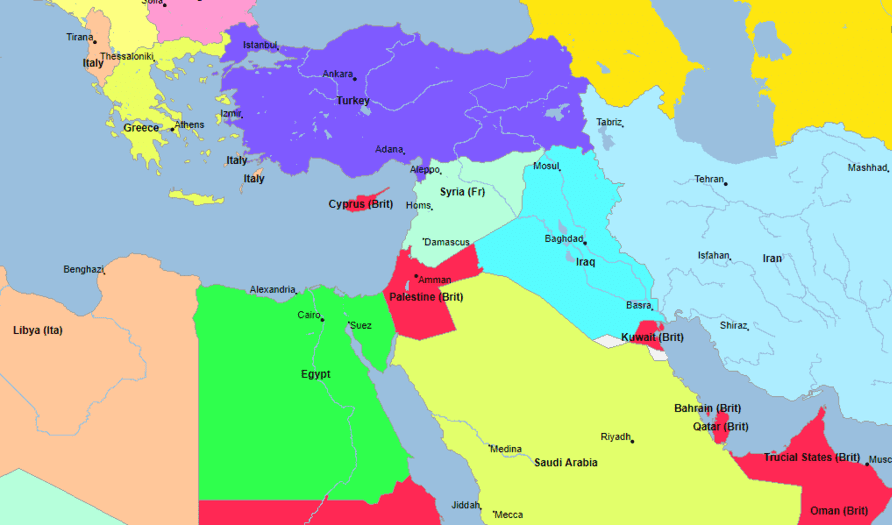 Map of the Middle East in 1940.