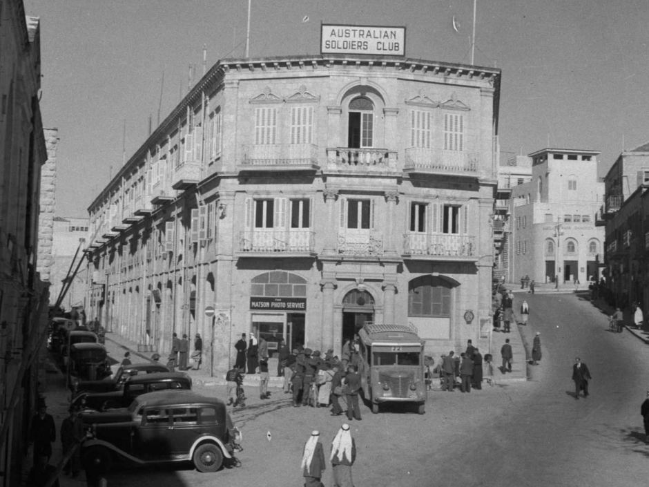 The exterior of the Australian Soldiers' Club in Jerusalem. The Matson Photo Service shop is on the bottom left the building.