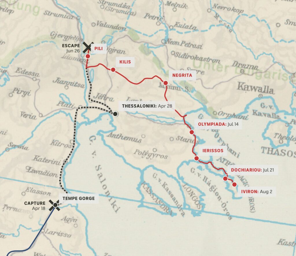 A map of Jack’s capture and escape route across northern Greece. 