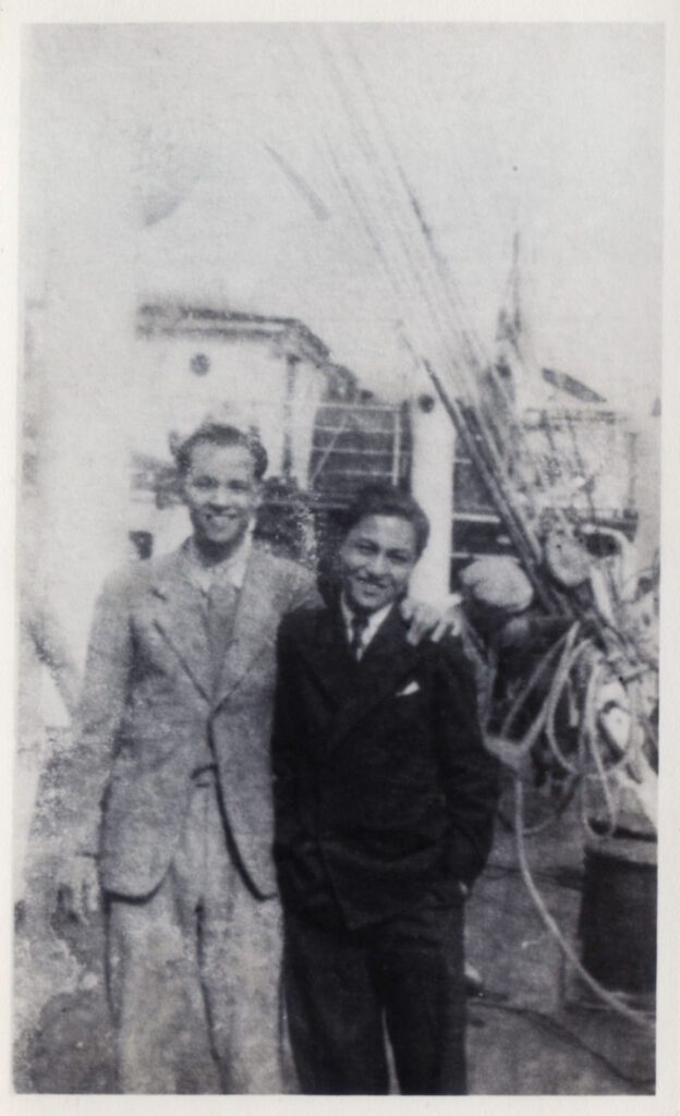 Jack Greaves, left, farewells his brother Stan as he prepares to leave for Australia in 1939.