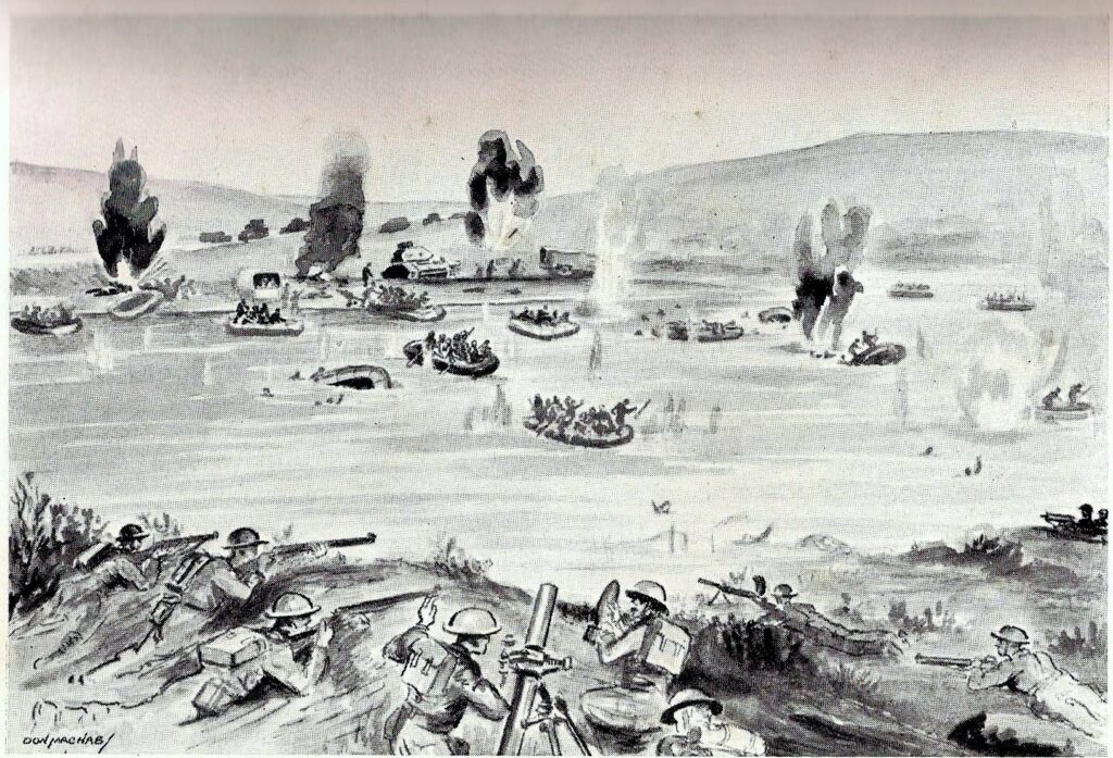 Illustration by New Zealand official artist Don MacNab shows the action at Pinios Gorge on April 17.