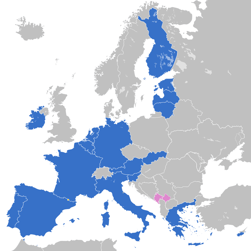 Members of the Eurozone who adopted the EURO currency
 are highlighted in blue.