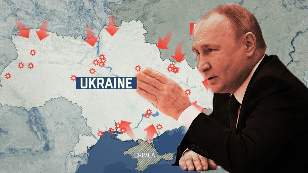 Putin and a map of the invasion of Ukraine.